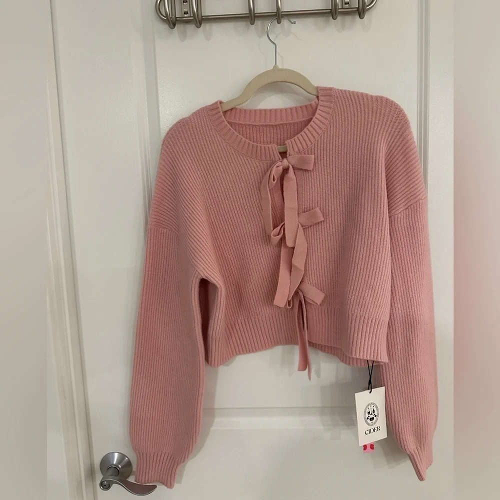 NWT Cider Blush Pink Ribbed Cropped Crew Neck Sweater Bow Tie Back Large